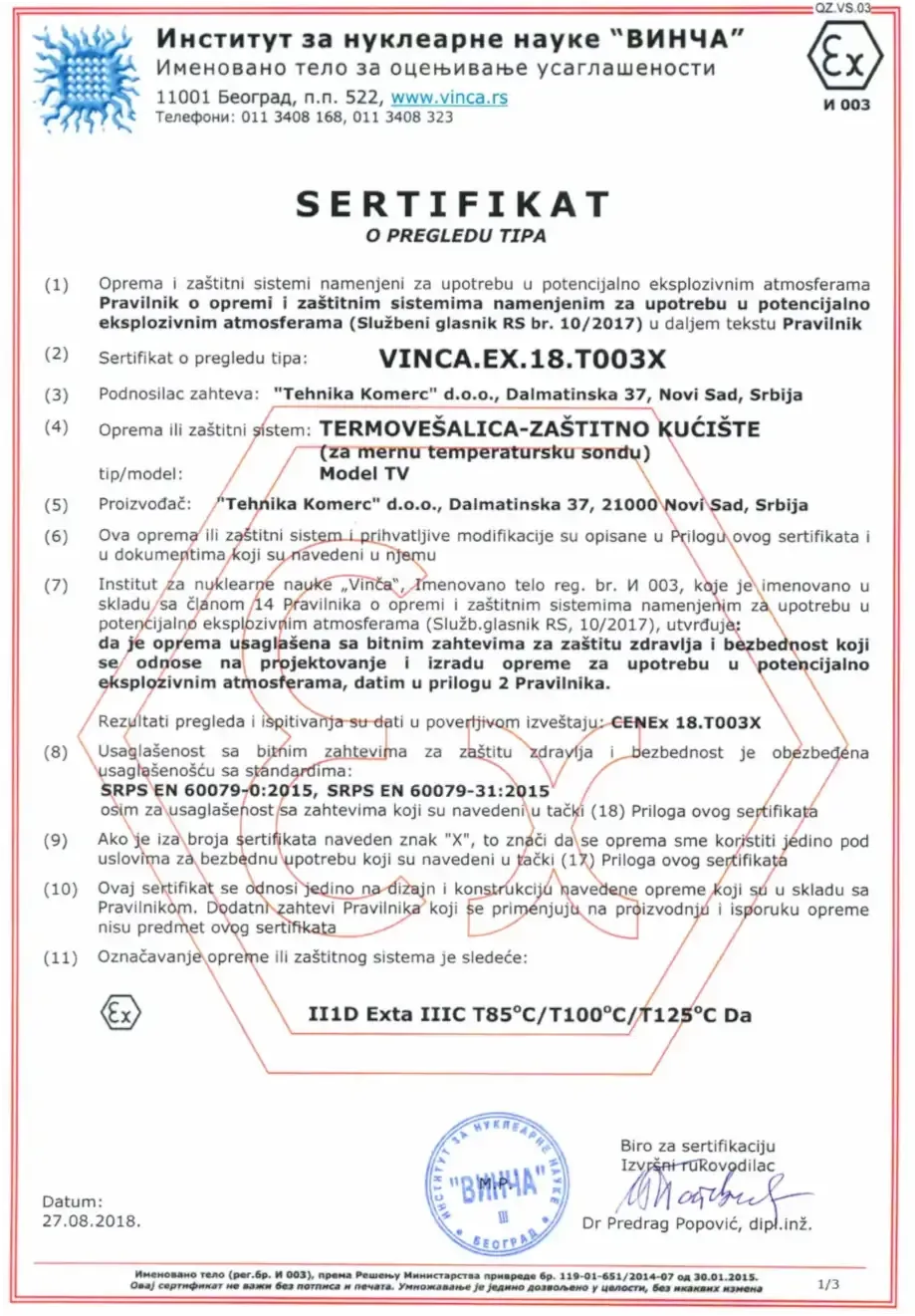 Sertifikat o pregledu tipa 'VINCA.EX.18.T003X' za ugradnju silotermometara u potencionalno eksplozivnim atmosferama